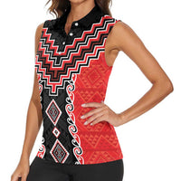 Red Niho Taniwha Mix Poutama Women Sleeveless Polo Shirt Unique Taniko Aotearoa