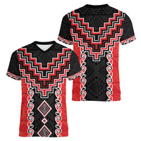 Red Niho Taniwha Mix Poutama Women V-Neck T-Shirt Unique Taniko Aotearoa LT01 - Polynesian Pride