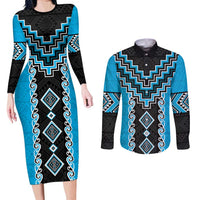 Sky Blue Niho Taniwha Mix Poutama Couples Matching Long Sleeve Bodycon Dress and Long Sleeve Button Shirt Unique Taniko Aotearoa