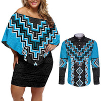 Sky Blue Niho Taniwha Mix Poutama Couples Matching Off Shoulder Short Dress and Long Sleeve Button Shirt Unique Taniko Aotearoa LT01 Sky Blue - Polynesian Pride