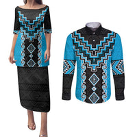 Sky Blue Niho Taniwha Mix Poutama Couples Matching Puletasi and Long Sleeve Button Shirt Unique Taniko Aotearoa LT01 Sky Blue - Polynesian Pride