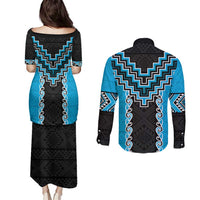 Sky Blue Niho Taniwha Mix Poutama Couples Matching Puletasi and Long Sleeve Button Shirt Unique Taniko Aotearoa LT01 - Polynesian Pride
