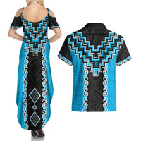 Sky Blue Niho Taniwha Mix Poutama Couples Matching Summer Maxi Dress and Hawaiian Shirt Unique Taniko Aotearoa LT01 - Polynesian Pride