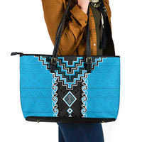 Sky Blue Niho Taniwha Mix Poutama Leather Tote Bag Unique Taniko Aotearoa