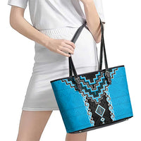 Sky Blue Niho Taniwha Mix Poutama Leather Tote Bag Unique Taniko Aotearoa
