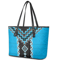 Sky Blue Niho Taniwha Mix Poutama Leather Tote Bag Unique Taniko Aotearoa