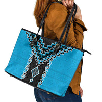 Sky Blue Niho Taniwha Mix Poutama Leather Tote Bag Unique Taniko Aotearoa