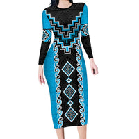 Sky Blue Niho Taniwha Mix Poutama Long Sleeve Bodycon Dress Unique Taniko Aotearoa LT01 Long Dress Sky Blue - Polynesian Pride