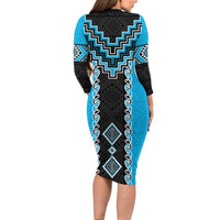 Sky Blue Niho Taniwha Mix Poutama Long Sleeve Bodycon Dress Unique Taniko Aotearoa LT01 - Polynesian Pride