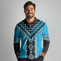 Sky Blue Niho Taniwha Mix Poutama Long Sleeve Polo Shirt Unique Taniko Aotearoa