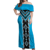 Sky Blue Niho Taniwha Mix Poutama Off Shoulder Maxi Dress Unique Taniko Aotearoa LT01 Women Sky Blue - Polynesian Pride
