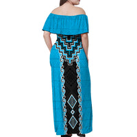 Sky Blue Niho Taniwha Mix Poutama Off Shoulder Maxi Dress Unique Taniko Aotearoa LT01 - Polynesian Pride