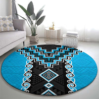 Sky Blue Niho Taniwha Mix Poutama Round Carpet Unique Taniko Aotearoa