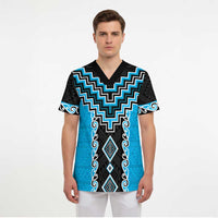 Sky Blue Niho Taniwha Mix Poutama Scrub Top Unique Taniko Aotearoa LT01 - Polynesian Pride