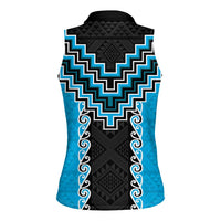 Sky Blue Niho Taniwha Mix Poutama Women Sleeveless Polo Shirt Unique Taniko Aotearoa