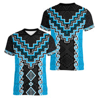 Sky Blue Niho Taniwha Mix Poutama Women V-Neck T-Shirt Unique Taniko Aotearoa LT01 - Polynesian Pride