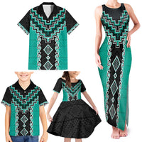 Teal Niho Taniwha Mix Poutama Family Matching Tank Maxi Dress and Hawaiian Shirt Unique Taniko Aotearoa