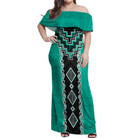 Teal Niho Taniwha Mix Poutama Off Shoulder Maxi Dress Unique Taniko Aotearoa LT01 Women Teal - Polynesian Pride