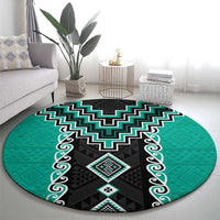 Teal Niho Taniwha Mix Poutama Round Carpet Unique Taniko Aotearoa