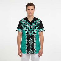Teal Niho Taniwha Mix Poutama Scrub Top Unique Taniko Aotearoa LT01 - Polynesian Pride