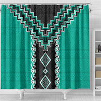 Teal Niho Taniwha Mix Poutama Shower Curtain Unique Taniko Aotearoa