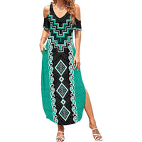Teal Niho Taniwha Mix Poutama Summer Maxi Dress Unique Taniko Aotearoa LT01 Women Teal - Polynesian Pride
