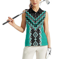 Teal Niho Taniwha Mix Poutama Women Sleeveless Polo Shirt Unique Taniko Aotearoa