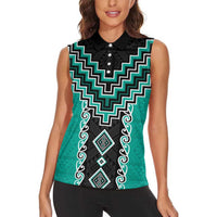 Teal Niho Taniwha Mix Poutama Women Sleeveless Polo Shirt Unique Taniko Aotearoa