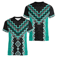 Teal Niho Taniwha Mix Poutama Women V-Neck T-Shirt Unique Taniko Aotearoa LT01 - Polynesian Pride