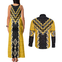 Yellow Niho Taniwha Mix Poutama Couples Matching Tank Maxi Dress and Long Sleeve Button Shirt Unique Taniko Aotearoa LT01 - Polynesian Pride