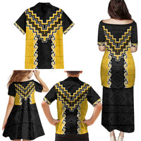 Yellow Niho Taniwha Mix Poutama Family Matching Puletasi and Hawaiian Shirt Unique Taniko Aotearoa