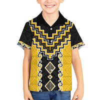 Yellow Niho Taniwha Mix Poutama Family Matching Tank Maxi Dress and Hawaiian Shirt Unique Taniko Aotearoa