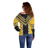 Yellow Niho Taniwha Mix Poutama Off Shoulder Sweater Unique Taniko Aotearoa