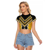 Yellow Niho Taniwha Mix Poutama Raglan Cropped T Shirt Unique Taniko Aotearoa LT01 Female Yellow - Polynesian Pride