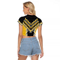 Yellow Niho Taniwha Mix Poutama Raglan Cropped T Shirt Unique Taniko Aotearoa LT01 - Polynesian Pride