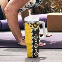 Yellow Niho Taniwha Mix Poutama Tumbler With Handle Unique Taniko Aotearoa LT01 - Polynesian Pride