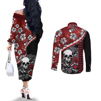 Hawaii Halloween Couples Matching Off The Shoulder Long Sleeve Dress and Long Sleeve Button Shirts Hibiscus Skull Kakau Pattern LT01 - Polynesian Pride