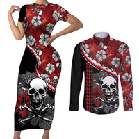 Hawaii Halloween Couples Matching Short Sleeve Bodycon Dress and Long Sleeve Button Shirts Hibiscus Skull Kakau Pattern LT01 Red - Polynesian Pride