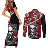 Hawaii Halloween Couples Matching Short Sleeve Bodycon Dress and Long Sleeve Button Shirts Hibiscus Skull Kakau Pattern LT01 - Polynesian Pride
