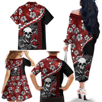 Hawaii Halloween Family Matching Off Shoulder Long Sleeve Dress and Hawaiian Shirt Hibiscus Skull Kakau Pattern LT01 - Polynesian Pride
