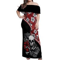 Hawaii Halloween Off Shoulder Maxi Dress Hibiscus Skull Kakau Pattern LT01 Women Red - Polynesian Pride