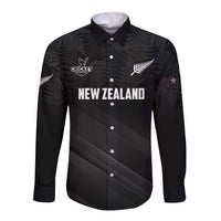 Custom New Zealand Cricket Long Sleeve Button Shirt Aotearoa Black Cap Come On