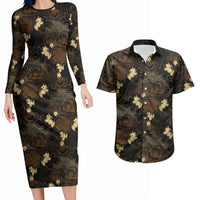Javanese Batik Semen Couples Matching Long Sleeve Bodycon Dress and Hawaiian Shirt Indonesian Traditional Pattern LT01 Black - Polynesian Pride