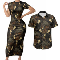 Javanese Batik Semen Couples Matching Short Sleeve Bodycon Dress and Hawaiian Shirt Indonesian Traditional Pattern LT01 Black - Polynesian Pride