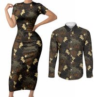 Javanese Batik Semen Couples Matching Short Sleeve Bodycon Dress and Long Sleeve Button Shirt Indonesian Traditional Pattern LT01 Black - Polynesian Pride