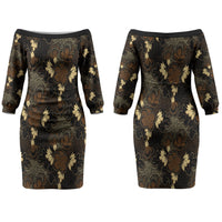 Javanese Batik Semen Family Matching Off The Shoulder Long Sleeve Dress and Hawaiian Shirt Indonesian Traditional Pattern LT01 Mom's Dress Black - Polynesian Pride