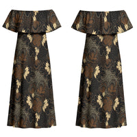 Javanese Batik Semen Family Matching Off Shoulder Maxi Dress and Hawaiian Shirt Indonesian Traditional Pattern LT01 Mom's Dress Black - Polynesian Pride