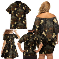 Javanese Batik Semen Family Matching Off Shoulder Short Dress and Hawaiian Shirt Indonesian Traditional Pattern LT01 Mom's Dress Black - Polynesian Pride