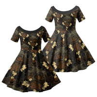 Javanese Batik Semen Family Matching Off Shoulder Short Dress and Hawaiian Shirt Indonesian Traditional Pattern LT01 Daughter's Dress Black - Polynesian Pride