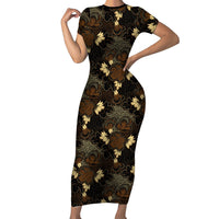Javanese Batik Semen Short Sleeve Bodycon Dress Indonesian Traditional Pattern LT01 Long Dress Black - Polynesian Pride